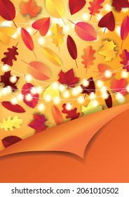 Autumn flyer with red and orange leaves . Free empty space for text. Fall season. Advertisement promo. Realistic vector illustration.