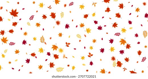 Autumn flying and falling leaves background with colorful seasonal foliage in red, orange, and yellow. Perfect for nature themes, seasonal sales, posters. Vector illustration