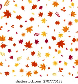 Autumn flying and falling leaves background with colorful seasonal foliage in red, orange, and yellow. Perfect for nature themes, seasonal sales, posters. Vector illustration