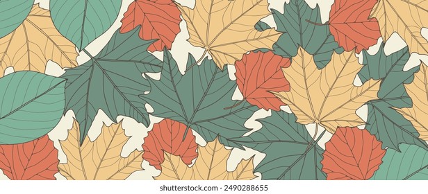 Autumn foliage abstract background. Maple leaves, leaves of different trees. Botanical vector illustration