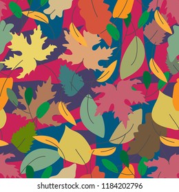 Autumn foliage with abstract elements on the dark magenta background. Seamless vector pattern is good for any kind of prints 