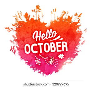 Autumn foliage abstract vector banner. Typographic greeting card design. Hello October