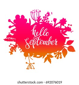 Autumn foliage abstract vector banner. Typographic greeting card design. Hello September.