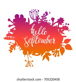 Autumn foliage abstract vector banner. Typographic greeting card design. Hello September.