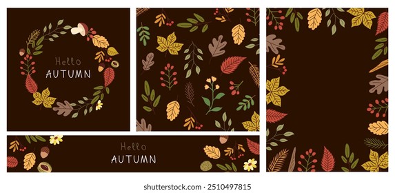 Autumn foliage background in different standard sizes, applicable to event or sale promotion. Colorful autumn leaves brochures set in flat style on dark background