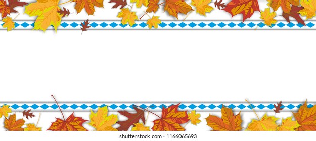 Autumn foliage with bavarian ribbon on the dark wooden background.  Eps 10 vector file.