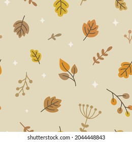 Autumn foliage cute doodle pattern. Seamless texture of leaves for textile, fabric, apparel, wrapping, paper, stationery.