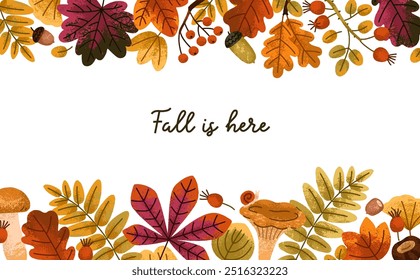 Autumn foliage, fall leaves, seasonal decoration on nature card design. Forest botanical elements, leaf branches and mushrooms on background. Floral banner, postcard template. Flat vector illustration