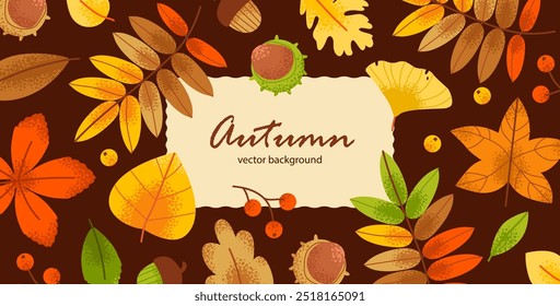 Autumn foliage with golden leaves and autumn plants. Template for a postcard, web banner or social networks. Vector autumn background.