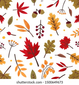 Autumn foliage hand drawn vector seamless pattern. Different tree leaves and berries decorative texture. Fall season foliage, forest flora flat illustration. Floral textile, wallpaper design.