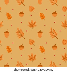 Autumn foliage hand drawn vector seamless pattern. Different tree leaves, acorn and berries decorative texture. Fall season foliage, forest flora flat illustration. Floral textile, wallpaper design.