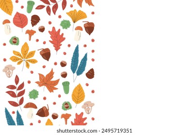 Autumn foliage left side design concept. Rectangle background with copy space. Geometric composition for fall season sale banner. Color leaves border frame template hand drawn flat vector illustration