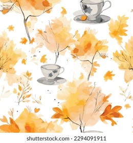 Autumn foliage maple leaves and tea pattern in watercolor