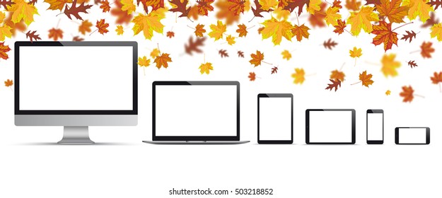 Autumn foliage with monitor, notebook, smartphone and tablet on the white background.  Eps 10 vector file.