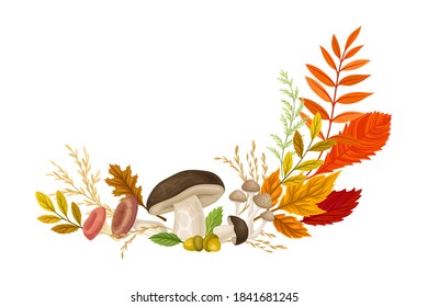 Autumn Foliage with Mushroom and Acorn Semicircular Vector Composition