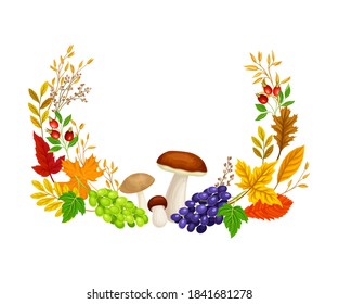 Autumn Foliage with Mushroom and Grape Clusters Semicircular Vector Composition