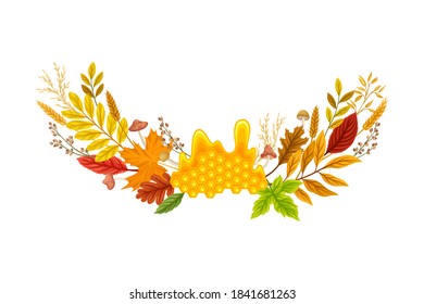 Autumn Foliage with Mushrooms and Honey Comb Semicircular Vector Composition