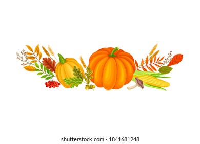 Autumn Foliage with Mushrooms and Pumpkin Vector Composition