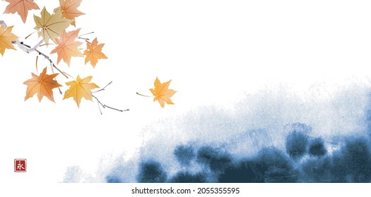Autumn foliage on abstract blue ink background. Traditional oriental ink painting sumi-e, u-sin, go-hua. Hieroglyph - eternity.