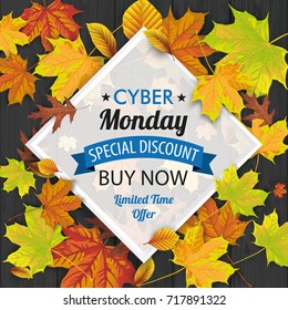 Autumn foliage on the black wooden background and white frame for the Cyber Monday.  Eps 10 vector file.