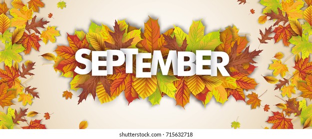 Autumn foliage on the white background, with text September.  Eps 10 vector file.