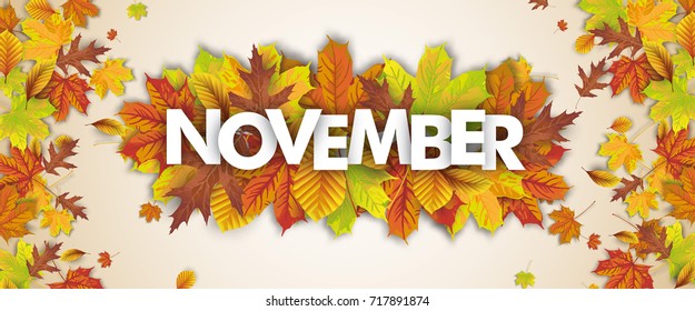 Autumn foliage on the white background, with text November.  Eps 10 vector file.