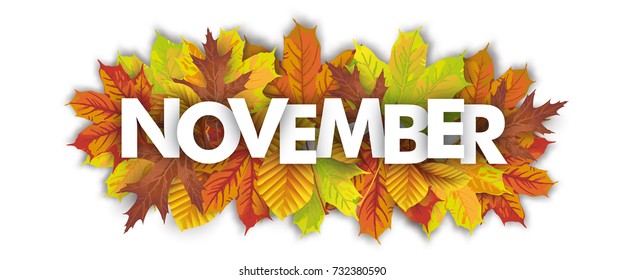 Autumn foliage on the white background, with text November. Eps 10 vector file.