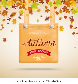 Autumn foliage with orange purse bag with text Autumn Sale Eps 10 vector file.