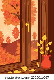 Autumn Foliage Outside Window with Vase of Leaves Vector