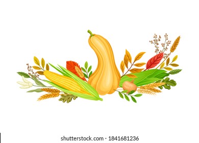 Autumn Foliage with Pumpkin and Corn Cobs Vector Composition