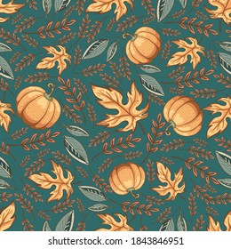 Autumn foliage and pumpkin seamless pattern on green background. Hand drawn autumn foliage with cute pumpkin vector background design for wrapping and digital paper.