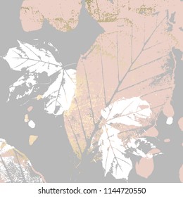 Autumn foliage rose gold blush background. Chic trendy print with botanical motifs