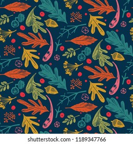 Autumn foliage seamless pattern in blue, orange, green and pink