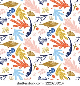 Autumn foliage seamless pattern in blue, orange, green and pink