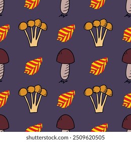 Autumn foliage seamless pattern with different fall leaves and mushrooms. Design for print, package, decor