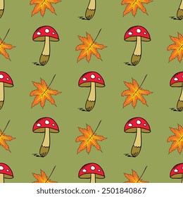 Autumn foliage seamless pattern with fly agaric. Wallpaper, scrapbooking paper and wrapping paper design