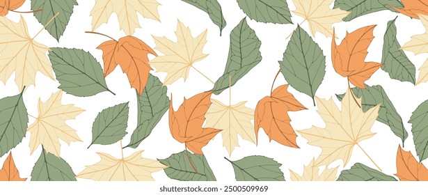 Autumn foliage seamless pattern with green and yellow maple leaves. Botanical vector illustration