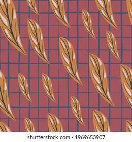 Autumn foliage seamless pattern with orange stylized leaf elements. Pink chequered background. Perfect for fabric design, textile print, wrapping, cover. Vector illustration.