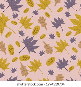 Autumn foliage seamless pattern. Vector illustration on pink background 