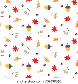 Autumn foliage seamless vector pattern. Fall seasonal nature leaves, acorns and chestnut cartoon texture.