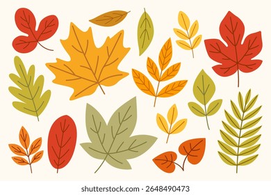 Conjunto de folhagem de outono - Ilustração plana de folhas desenhadas à mão em cores de queda, ideal para a fabricação de padrões, promoções sazonais e cartões temáticos de outono
