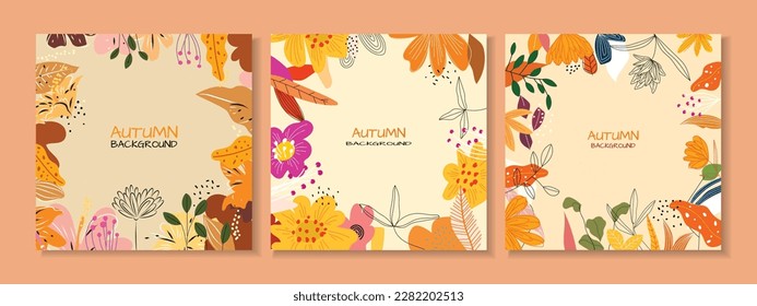Autumn foliage set hand drawn vector illustration. Abstract wallpaper with leaves, flowers, branch, botanical design for fabric, prints, cover, banner.