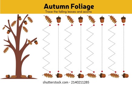 Autumn Foliage standing and zig-zag lines, pencil control, the pattern for early learners, motor skills. Trace line worksheet for kids, practicing fine motor skills. Illustration of autumn leaves.