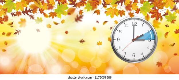 Autumn foliage with sunlights and clock for a time change to the standard time.  Eps 10 vector file.