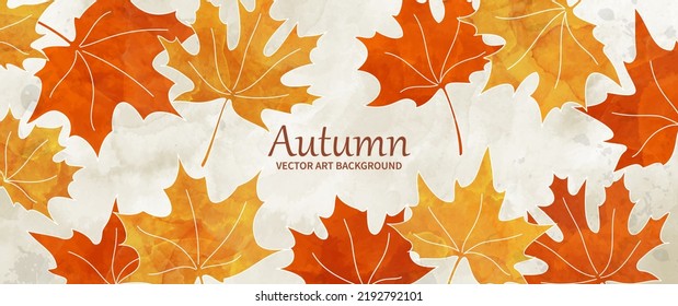 Autumn foliage vector watercolor background. Maple leaves. Hand drawn fall wallpaper design for cards, flyers, poster, banner, cover design, invitation cards, prints, and wall art. Back to school. 