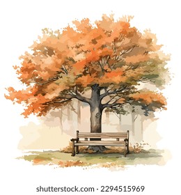 Autumn foliage watercolor illustration of maple tree and a seat bench in a park