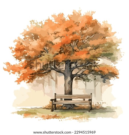Autumn foliage watercolor illustration of maple tree and a seat bench in a park