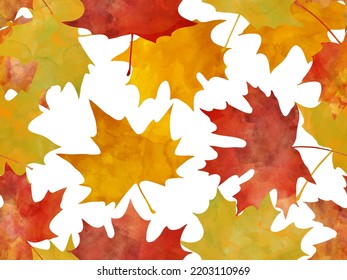 Autumn foliage watercolor seamless pattern. Colorful botanical background with maple leaves for wrapping paper, cards, flyers, poster, banner, cover design, invitation cards, wall art, print. Endless.