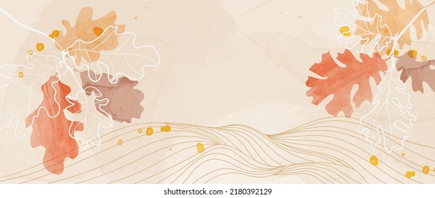 Autumn foliage in watercolor vector background. Abstract wallpaper design with oak leaves, line art, flowers. Elegant botanical in fall season illustration suitable for fabric, prints, cover.