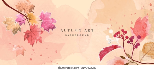 Autumn foliage in watercolor vector background. Abstract wallpaper design with maple, leaf branch, line art. Elegant botanical in fall season illustration suitable for fabric, prints, cover.